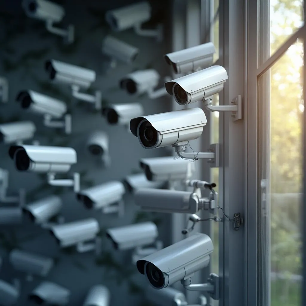 Technik inštalujúci CCTV kameru na fasádu budovy